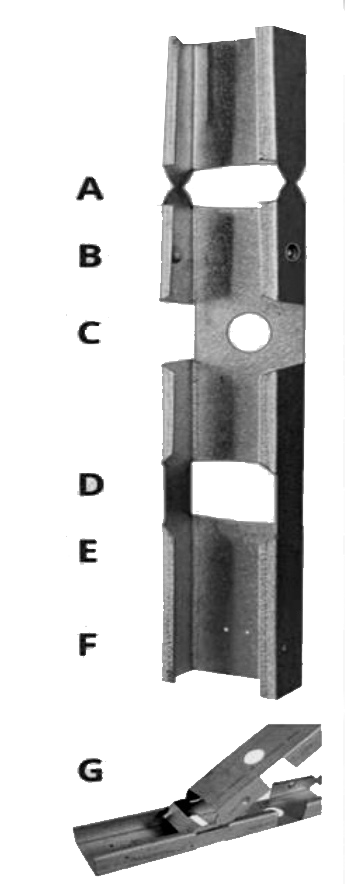 Tufframe steel channel profile showing chamfer cut, dimple punch, lip cut, web notch, service hole, web bolt hole and crimp