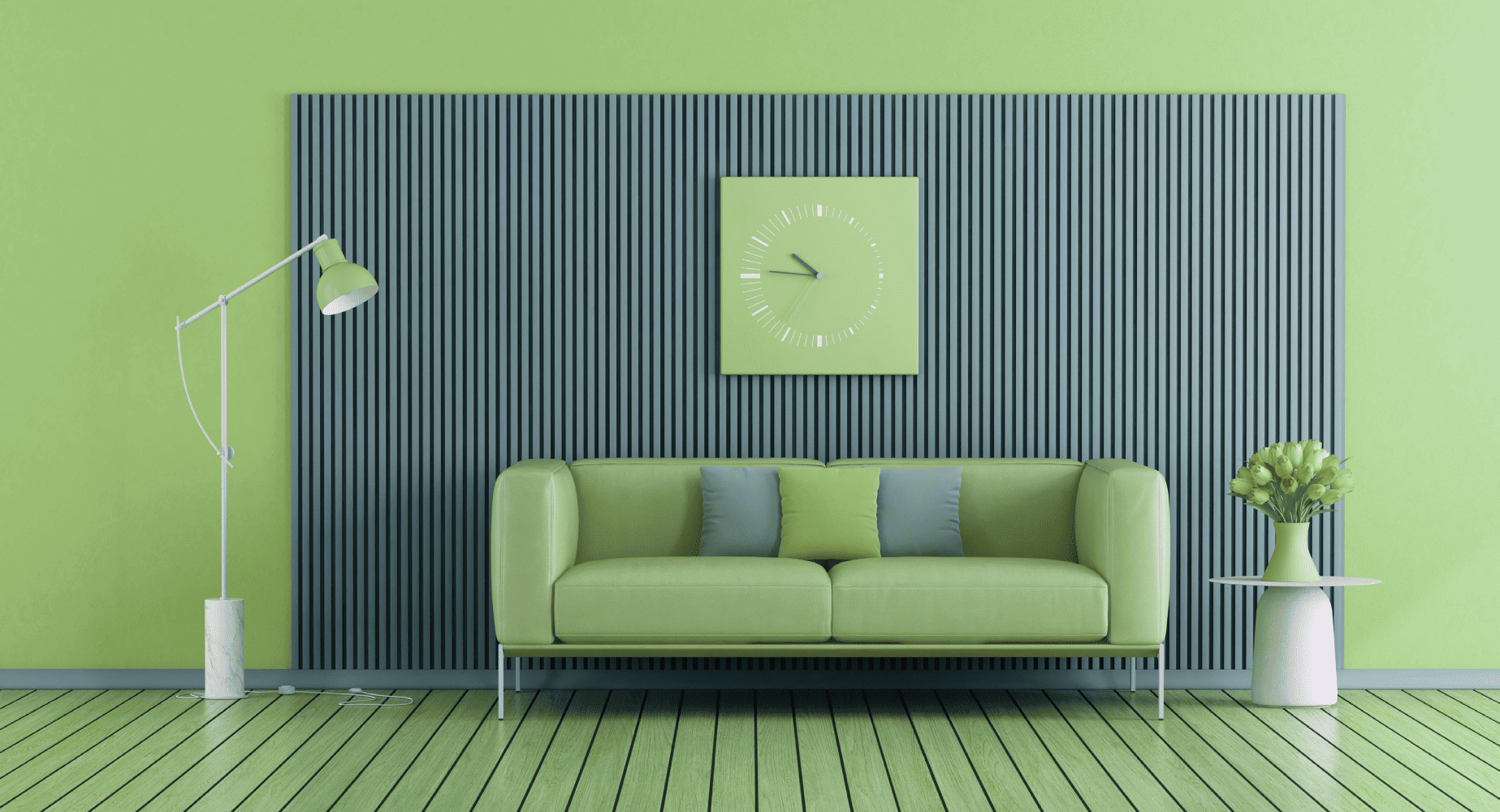 GEOCLAD slatted panel wall with green sofa