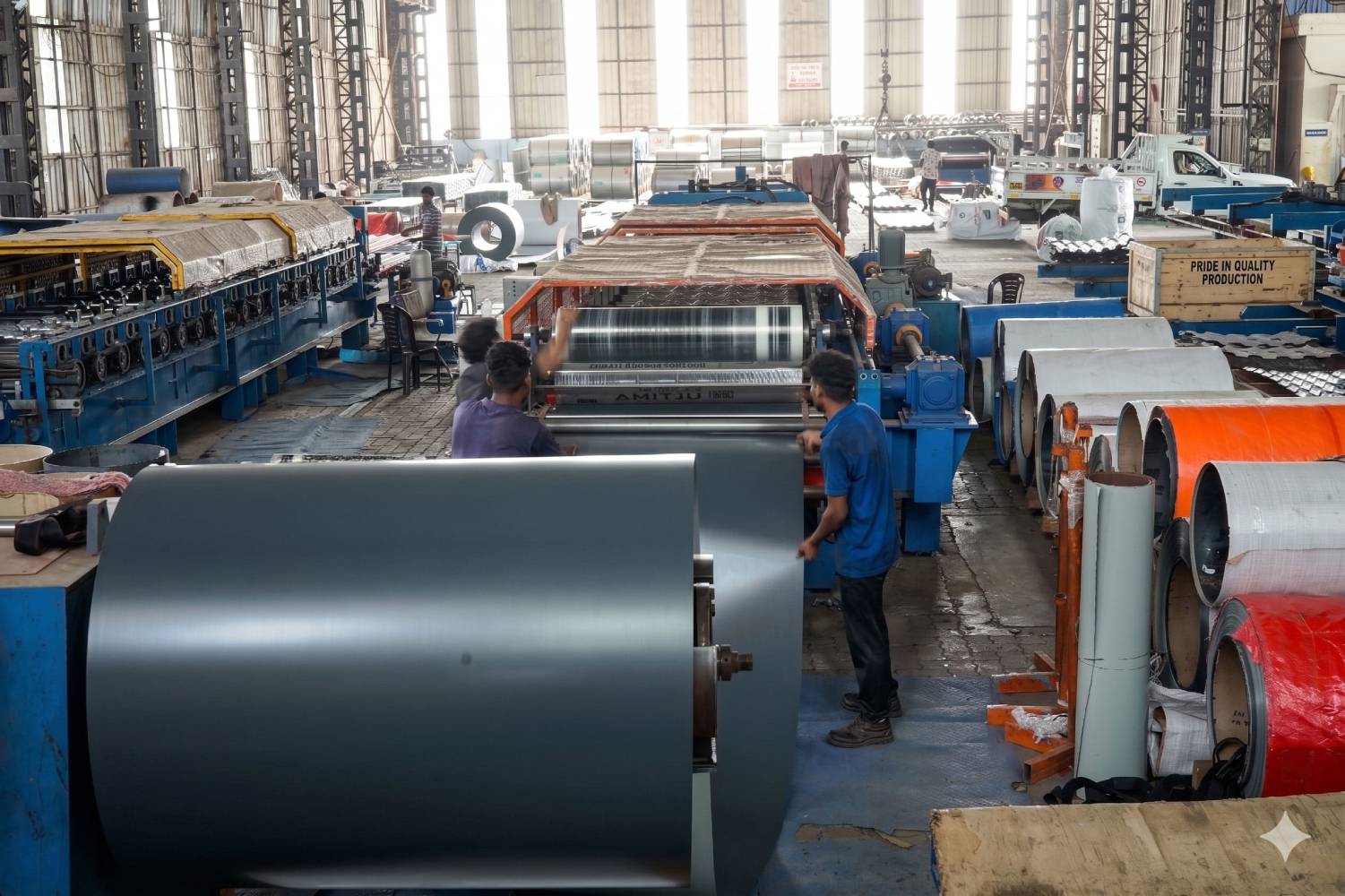 GIPL manufacturing facility interior with steel coils