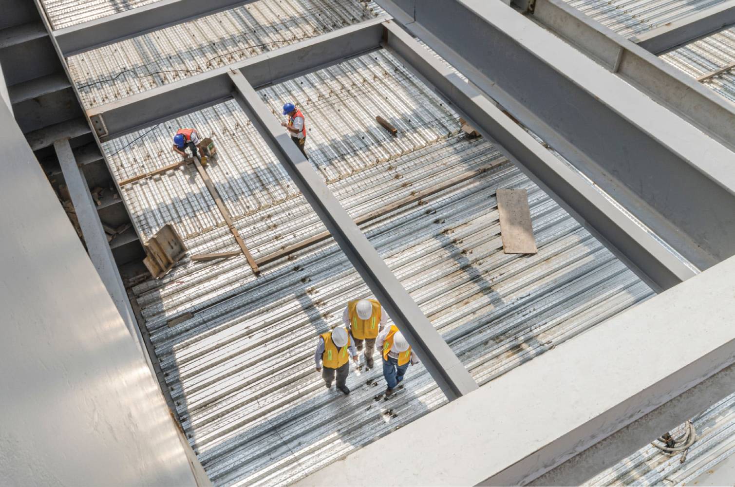 Underside view of Tufdek decking sheets installed on steel beams
